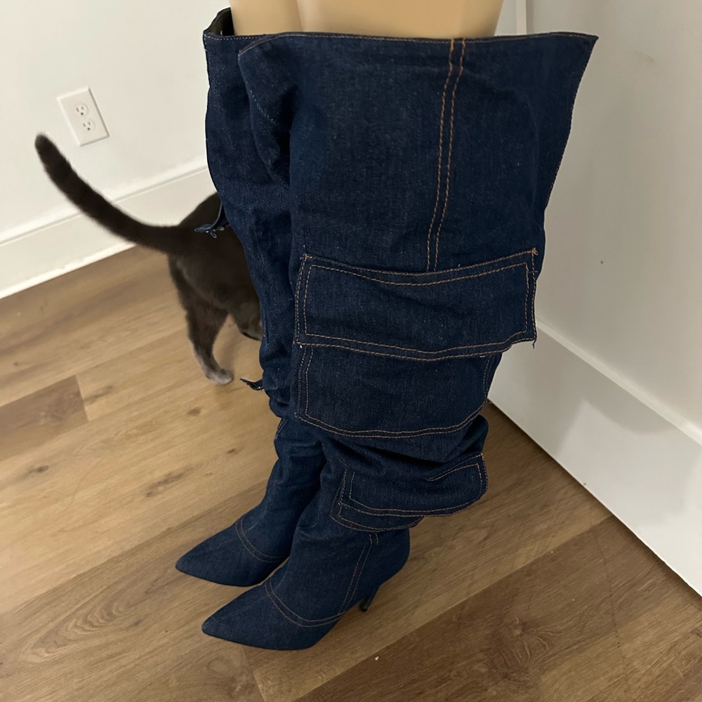 Dark Blue Denim Over-the-Knee Boots